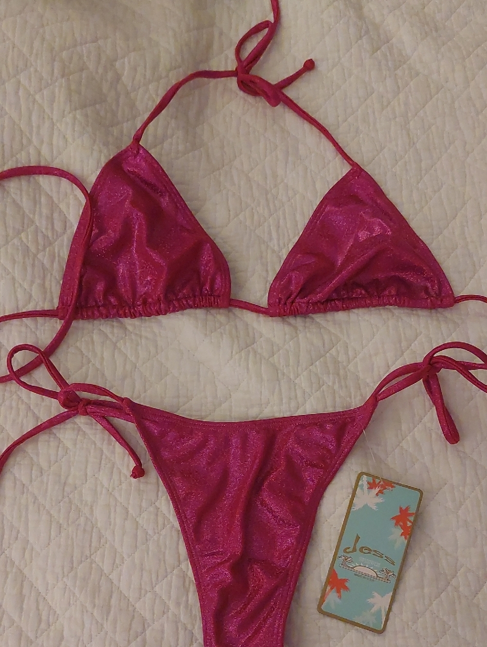 Shimmery Hot Pink Triangle Tie-Side Thong Bikini